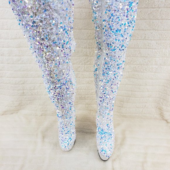 White Ice Multi Stretch Sequin Platform 7" Heels Thigh High Boots 3020 - Picture 6 of 13